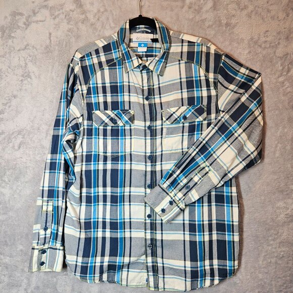 Columbia Mens Blue Plaid Button-Up Shirt L 100% Cotton Casual Long Sleeve Outdoo - Picture 1 of 11